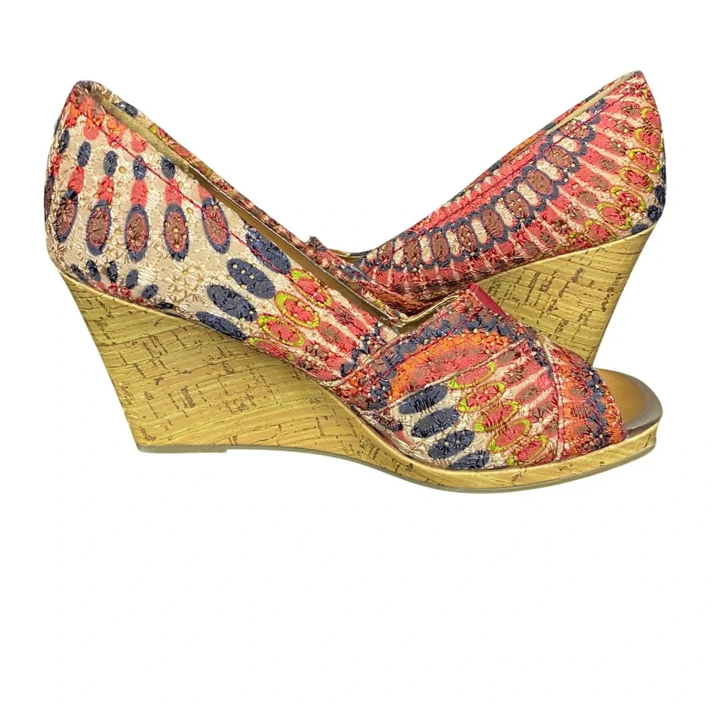 Faded Glory Women Boho Embroidered Peep Toe Cork Wedge Heels‎ Multicolor Size 8